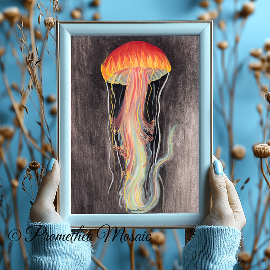 Artwork of a brightly colored jellyfish on a black background. Frame held by hands against a blue background with dried plants.