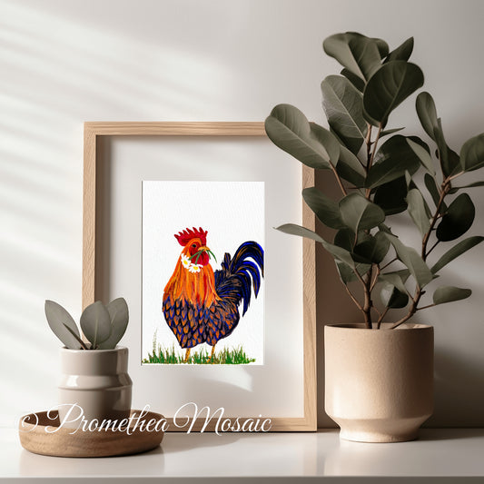 Framed artwork of a blue and orange rooster with decorative plants on a white surface.