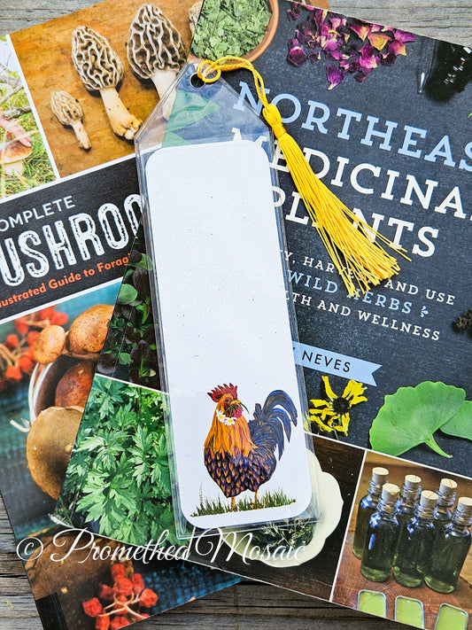 Handsome love rooster bookmark printed on 100% recycled high quality cardstock inside clear protective sleeve with tassel