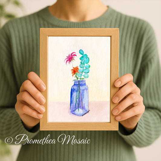 Person holding a framed watercolor painting of flowers in a blue vase.