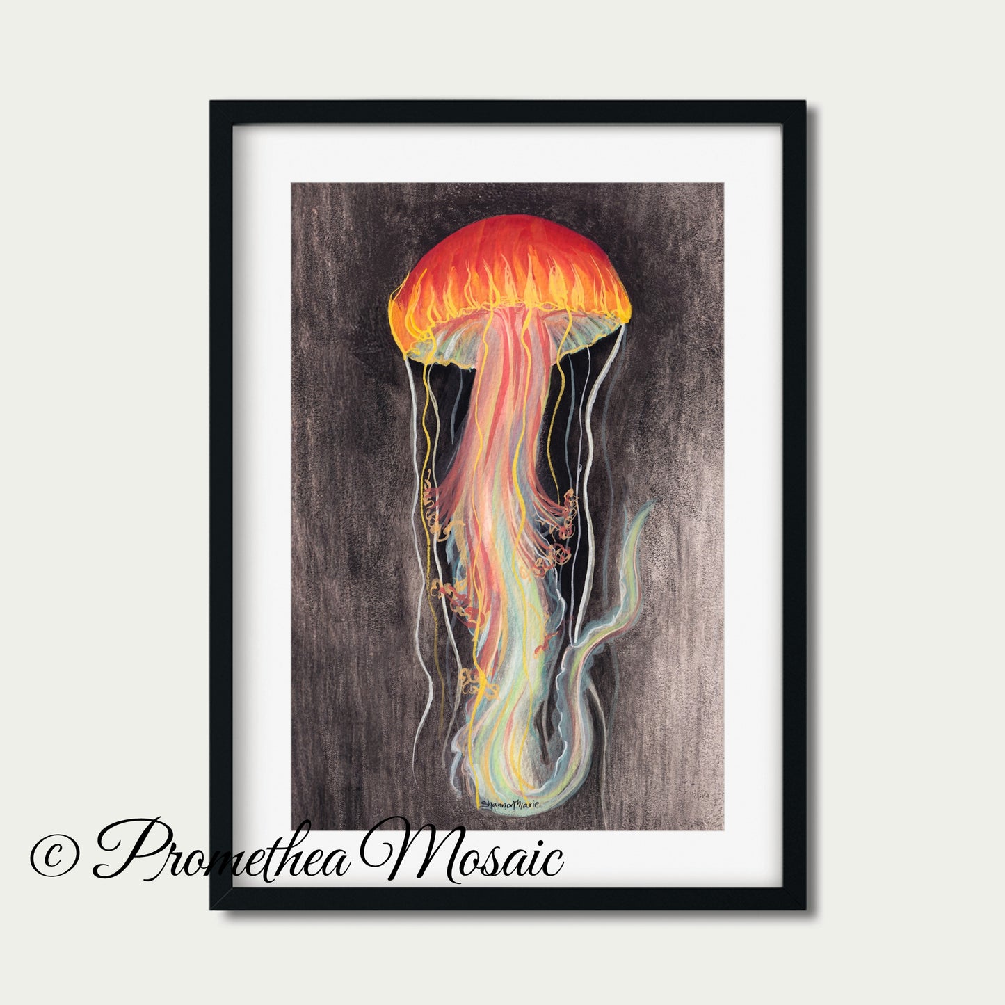 Framed artwork of a brightly colored jellyfish with black/grey background and 'Promethea Mosaic' branding.