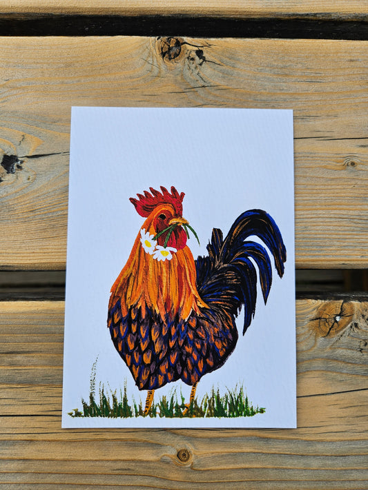 cottagecore style rooster art print on wooden table