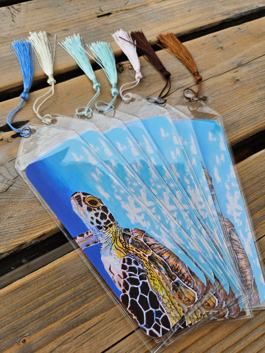 collection of underwater brown turtle art on bookmark with protective clear sleeve and tassel