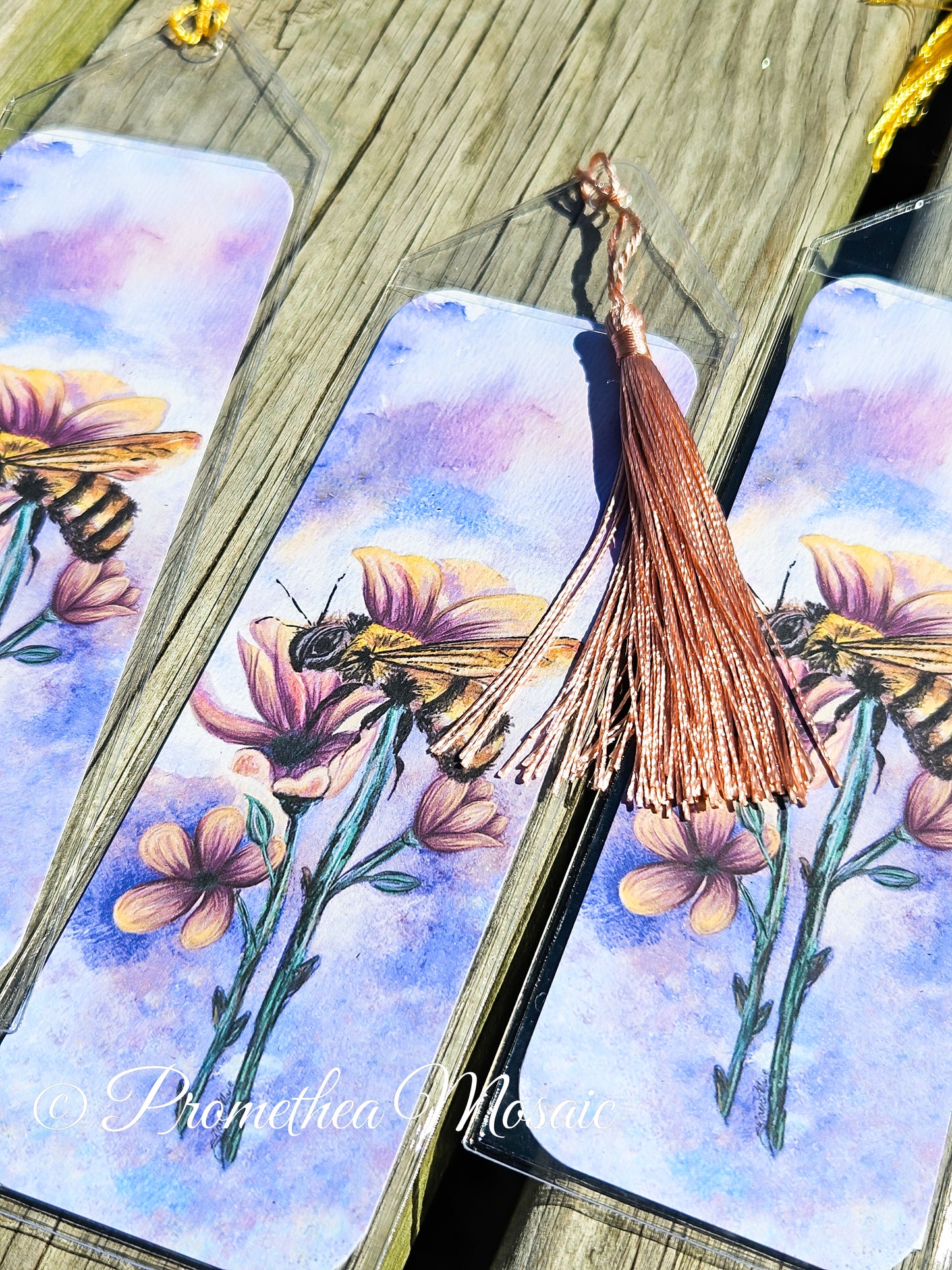 Watercolor honeybee bookmark in eco-friendly reusable sleeve and tassel