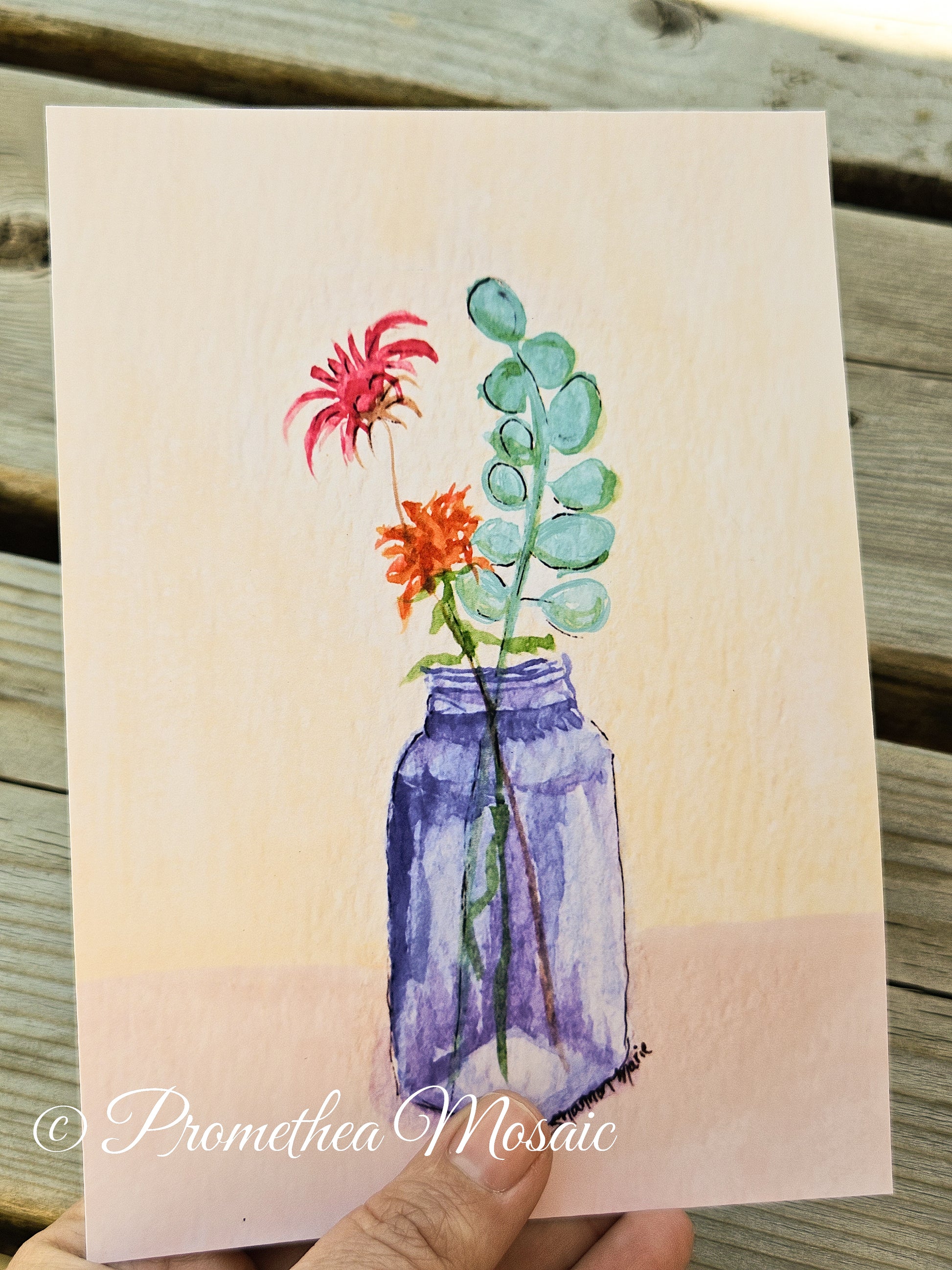Sustainable art print of an 8x10 cobalt blue jar with flowers.
