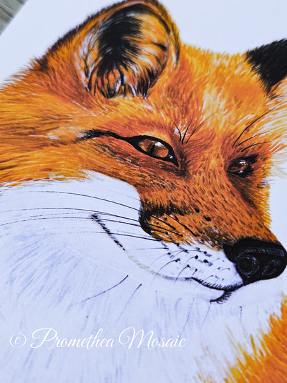 Close-up of a detailed art strokes of a fox's face with 'Promethea Mosaic' signature.