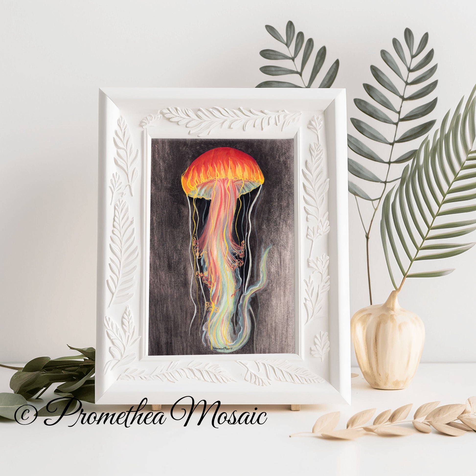 Framed art print of a neon jellyfish with tropical decorative leaves and a vase on a light background