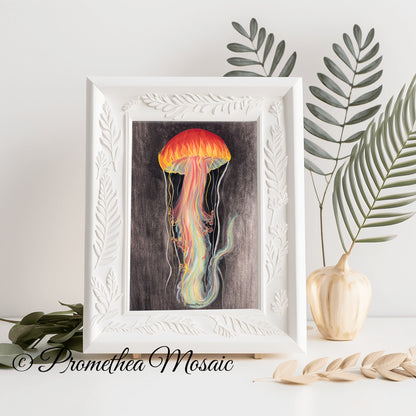 Framed art print of a neon jellyfish with tropical decorative leaves and a vase on a light background