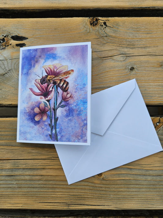 Greeting card with a bee and flowers with envelope made from recycled paper in white