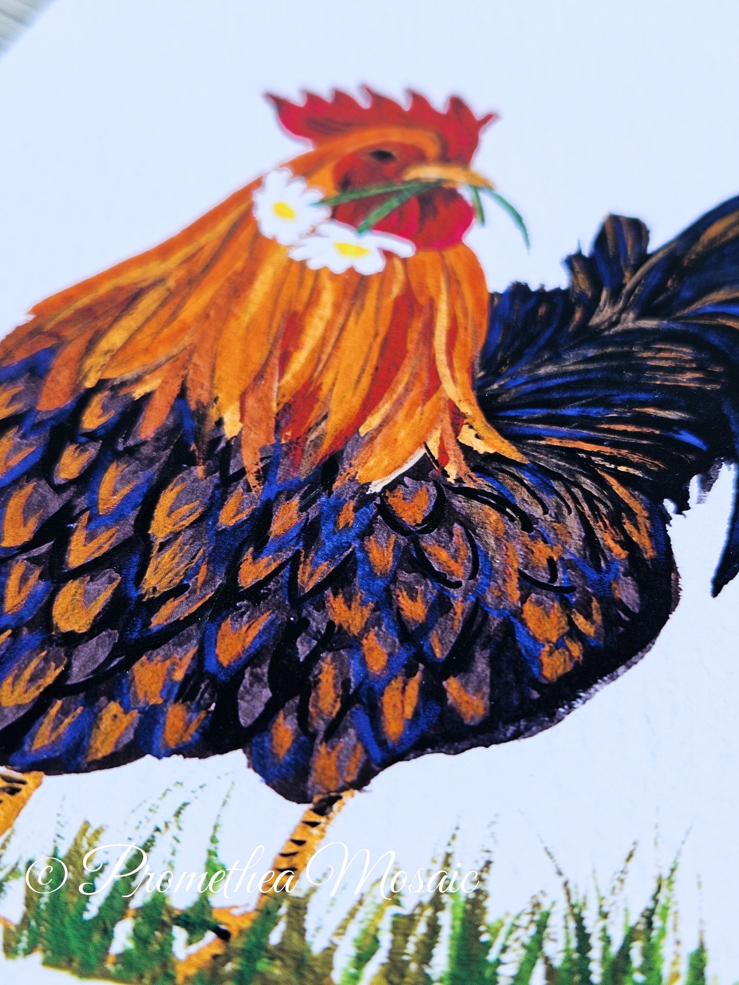 Close up of rooster art print showing detailed feathers, eco friendly farmhouse wall decor illustration.