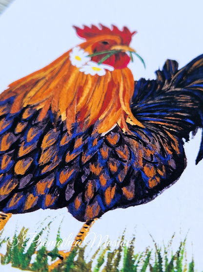 Close up of rooster art print showing detailed feathers, eco friendly farmhouse wall decor illustration.