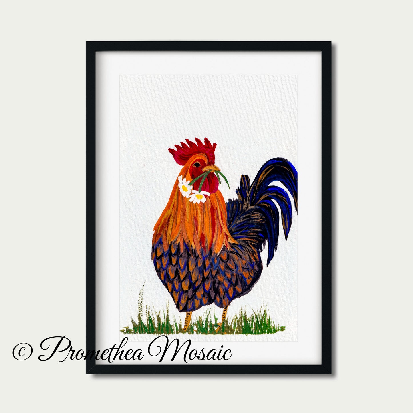 Framed artwork of a colorful orange and blue rooster on a white background with grass around his feet.