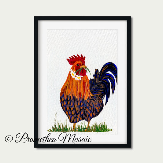 Framed artwork of a colorful orange and blue rooster on a white background with grass around his feet.