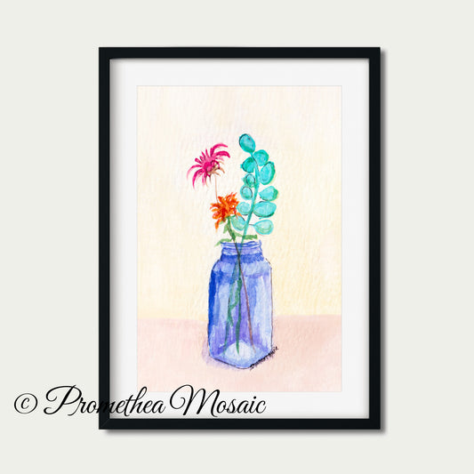 Framed artwork of a blue vase jar with colorful flowers on a light background, credited to 'Promethea Mosaic'.