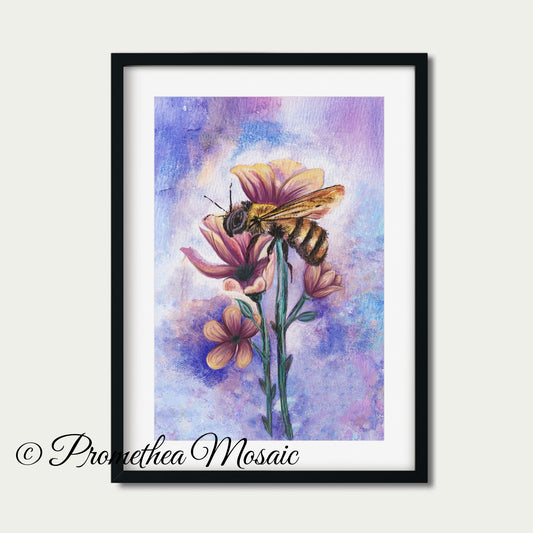 Framed artwork of a bee on flowers with a purple gradient background, featuring the artist's signature.