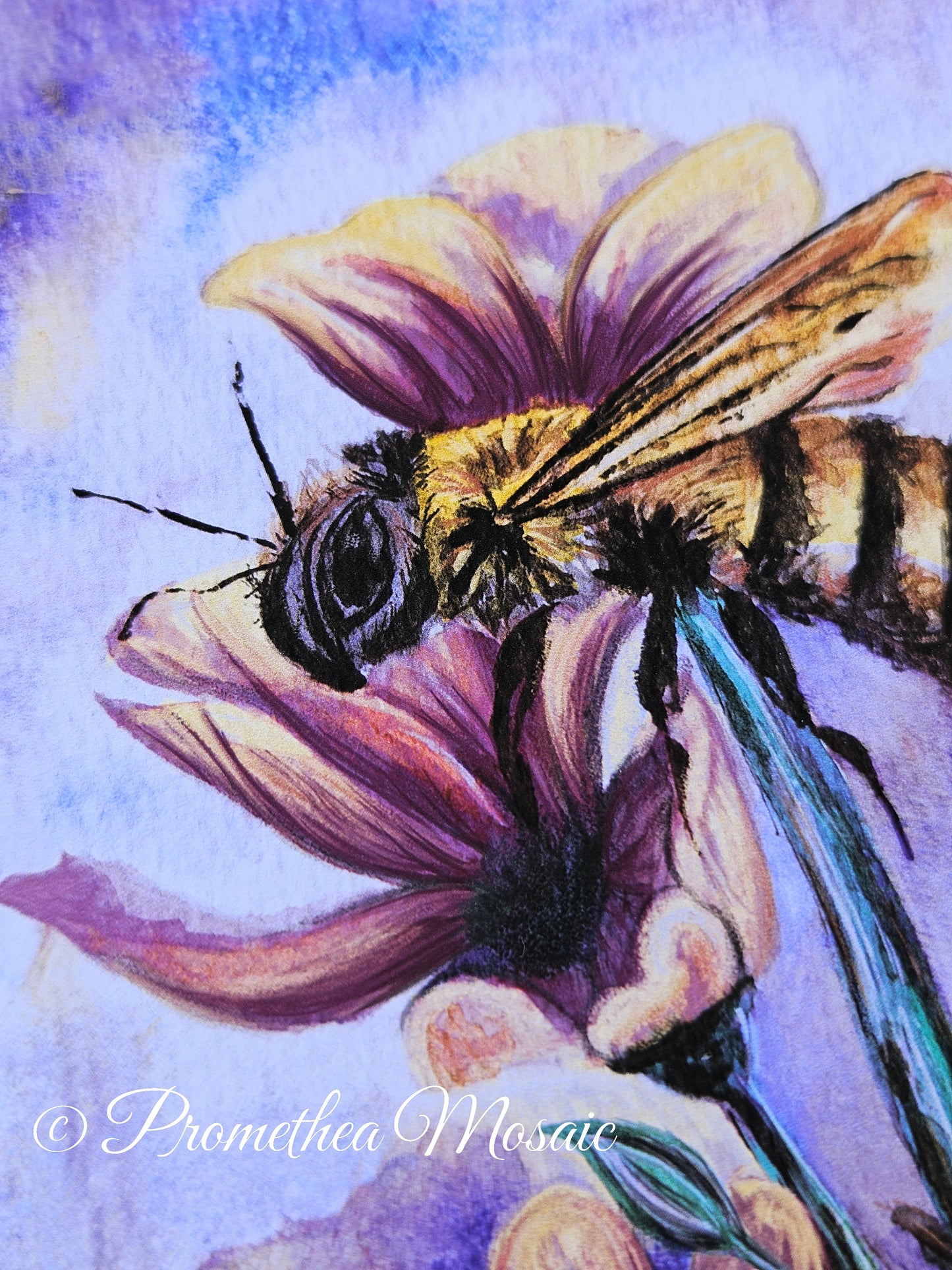Artistic depiction of a bee on a flower with a watercolor style on eco-friendly recyclable paper.