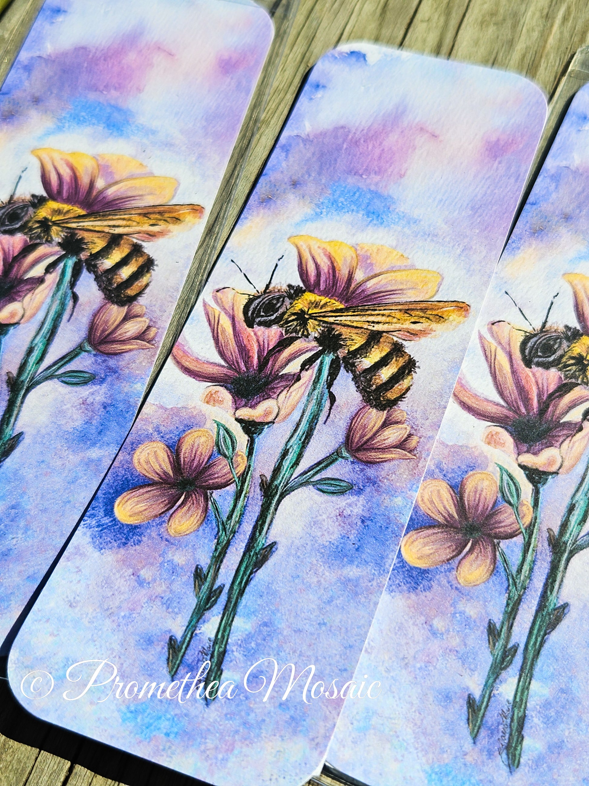 Honeybee on  pink flower bookmarks printed on 100% recycled cardstock