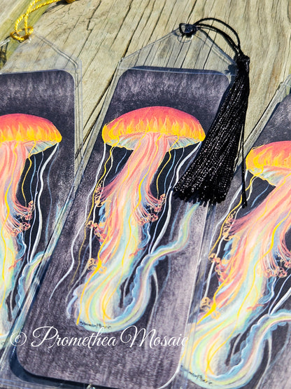 Close up detail shot of the jellyfish bookmark displaying color layers and paint detail work.
