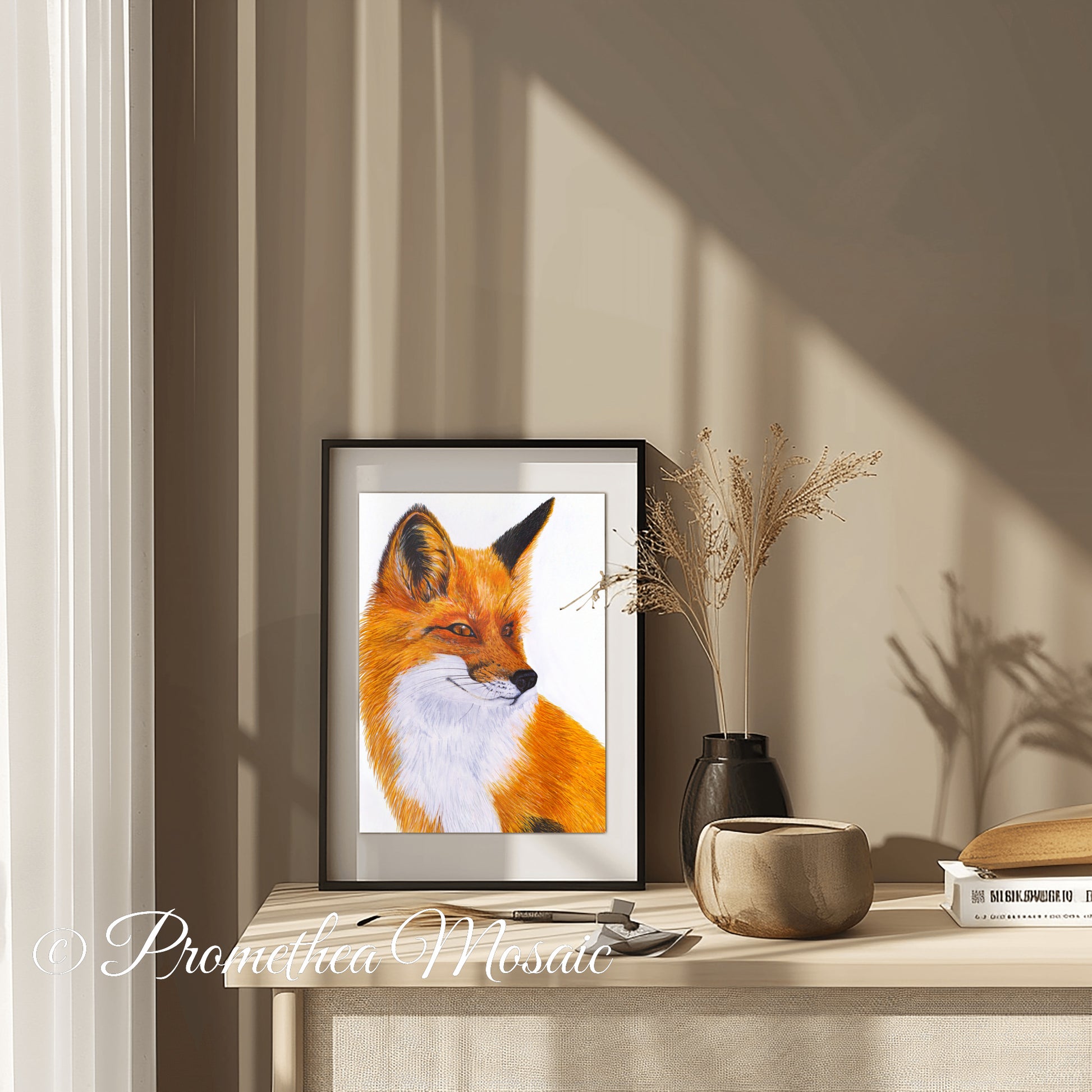 Eco-friendly framed archival quality art print of a  woodland fox on a shelf with decorative items.