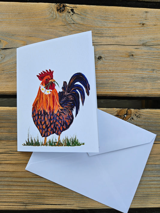 Blank greeting card with blue and orange handsome rooster with white envelope.