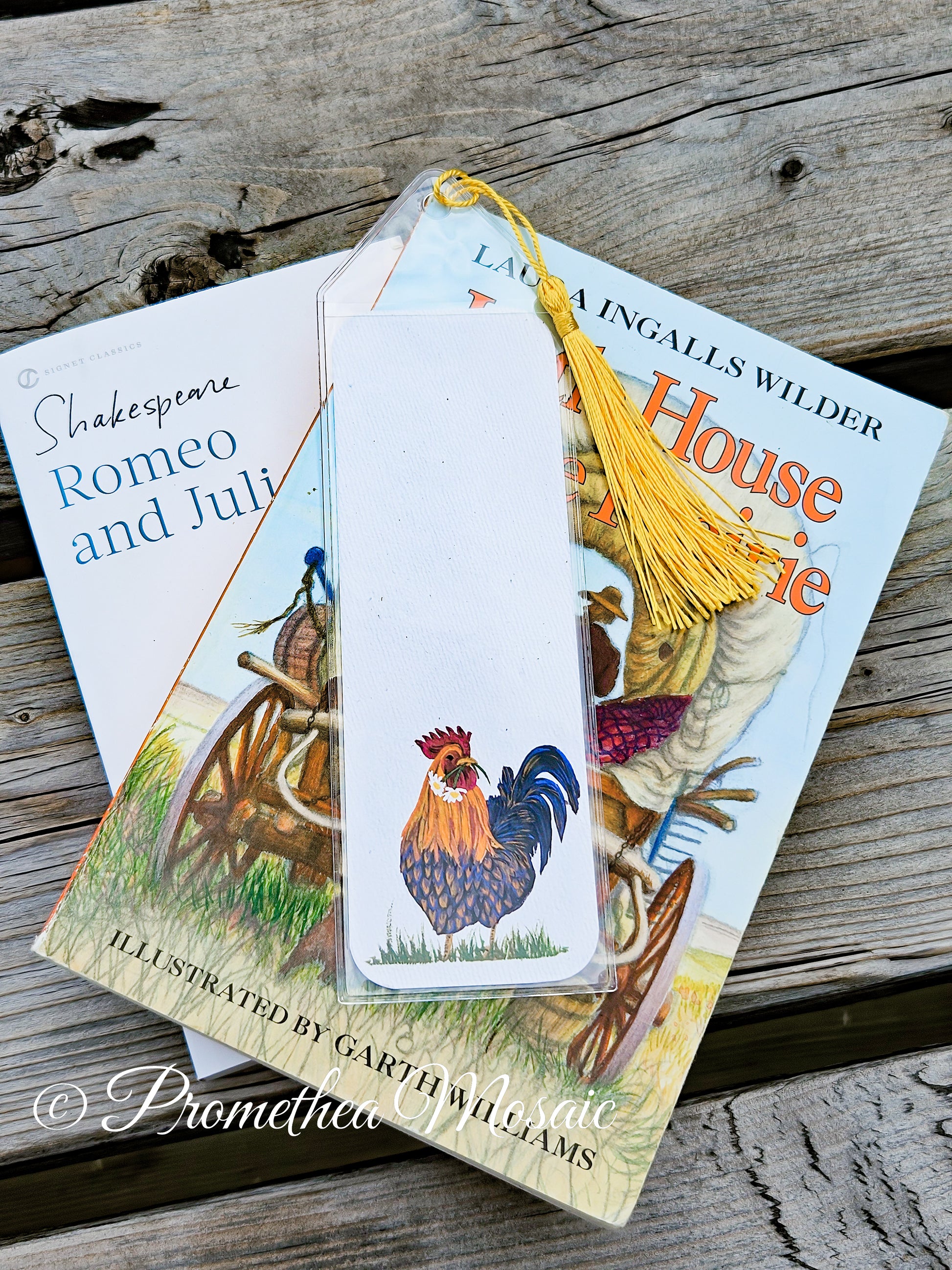 Love rooster bookmark in reusable clear plastic sleeve and tassel on stack of books