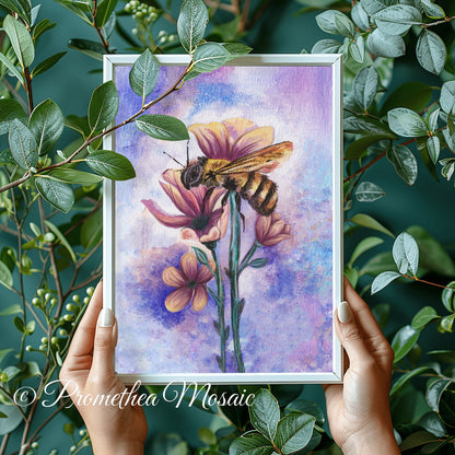 Framed artwork of a bee on flowers held by hands with green leaves in the background