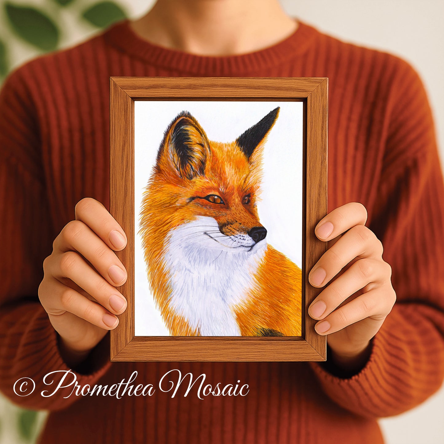 Person holding a framed illustration of a fox with 'Promethea Mosaic' branding.