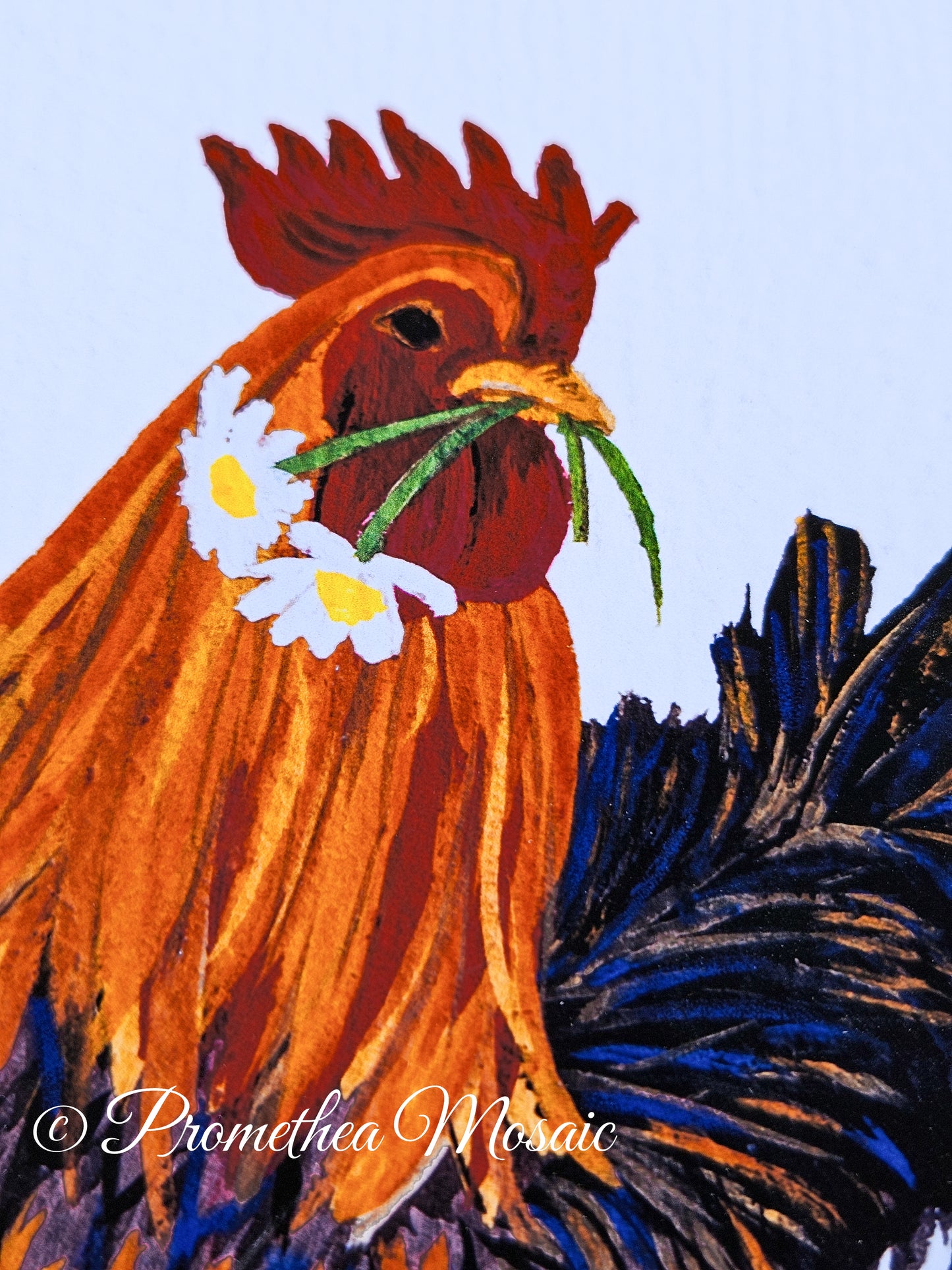 Colorful detail of a rooster with daisy flowers on a light background