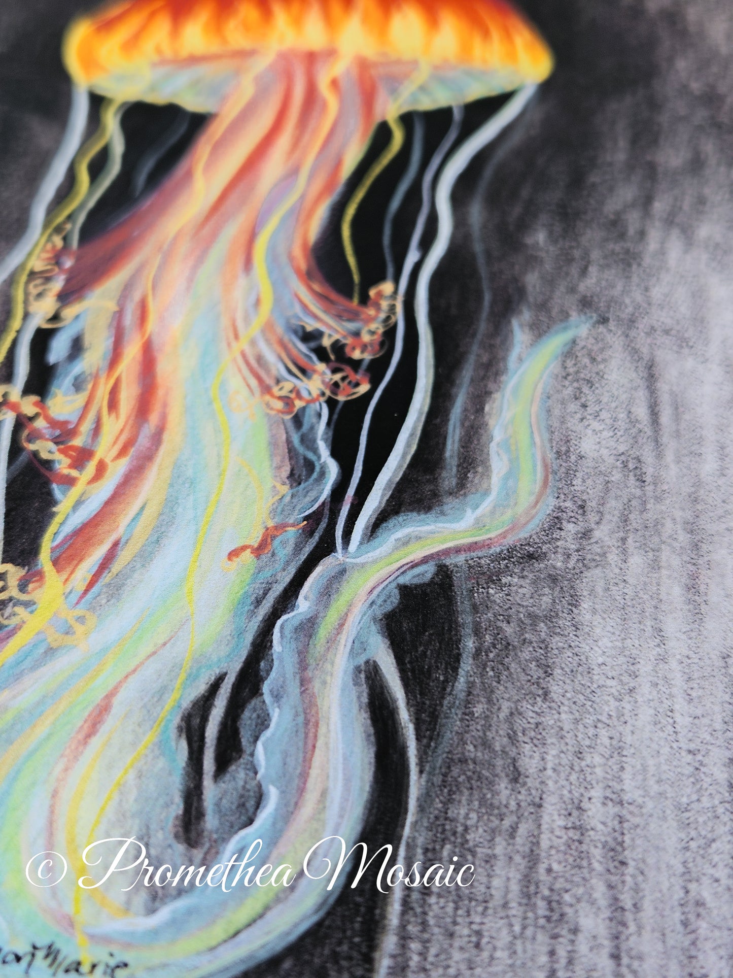 Eco-friendly bright colorful jellyfish illustration on a textured gray/black background.