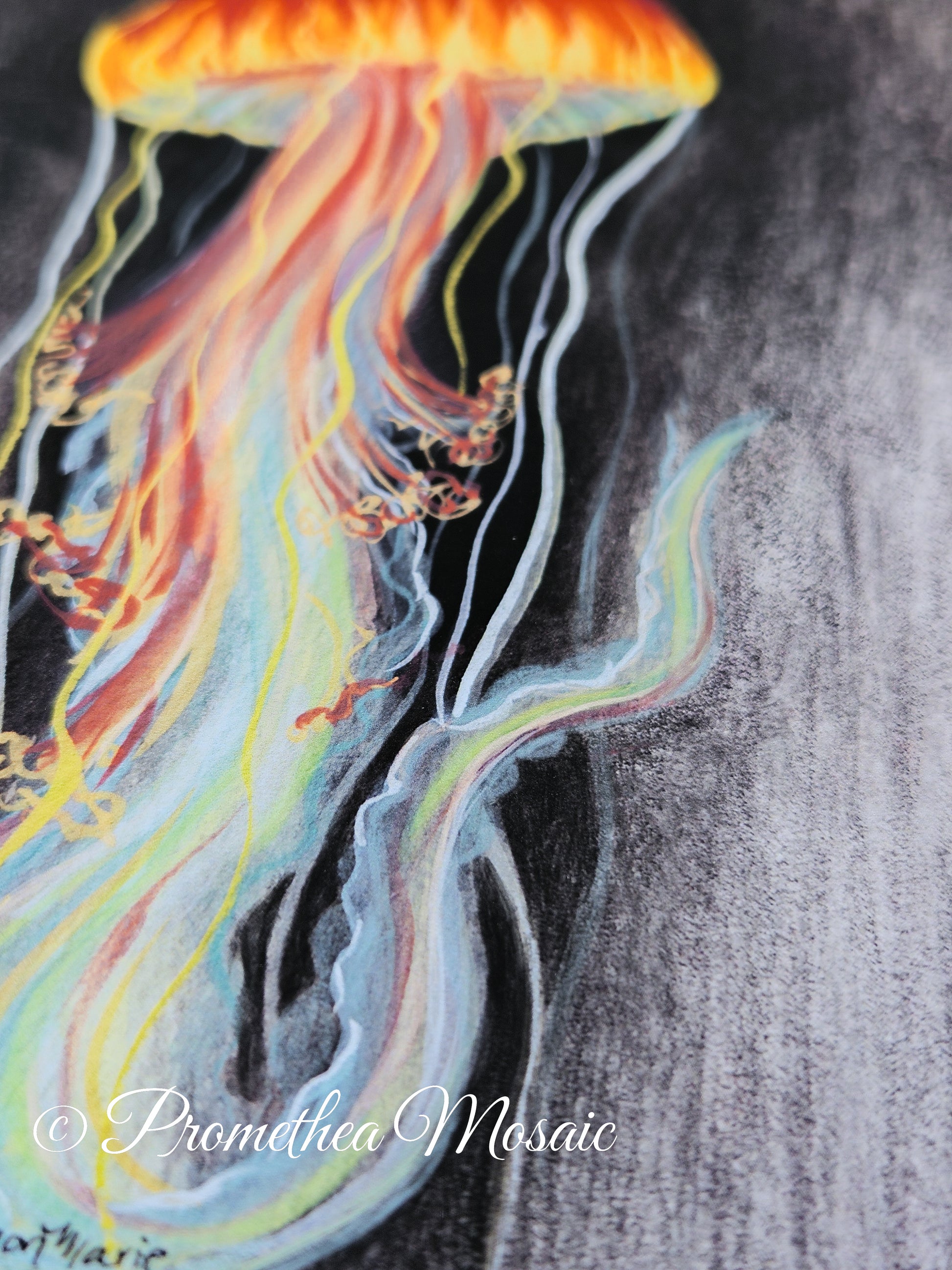 Eco-friendly bright colorful jellyfish illustration on a textured gray/black background.