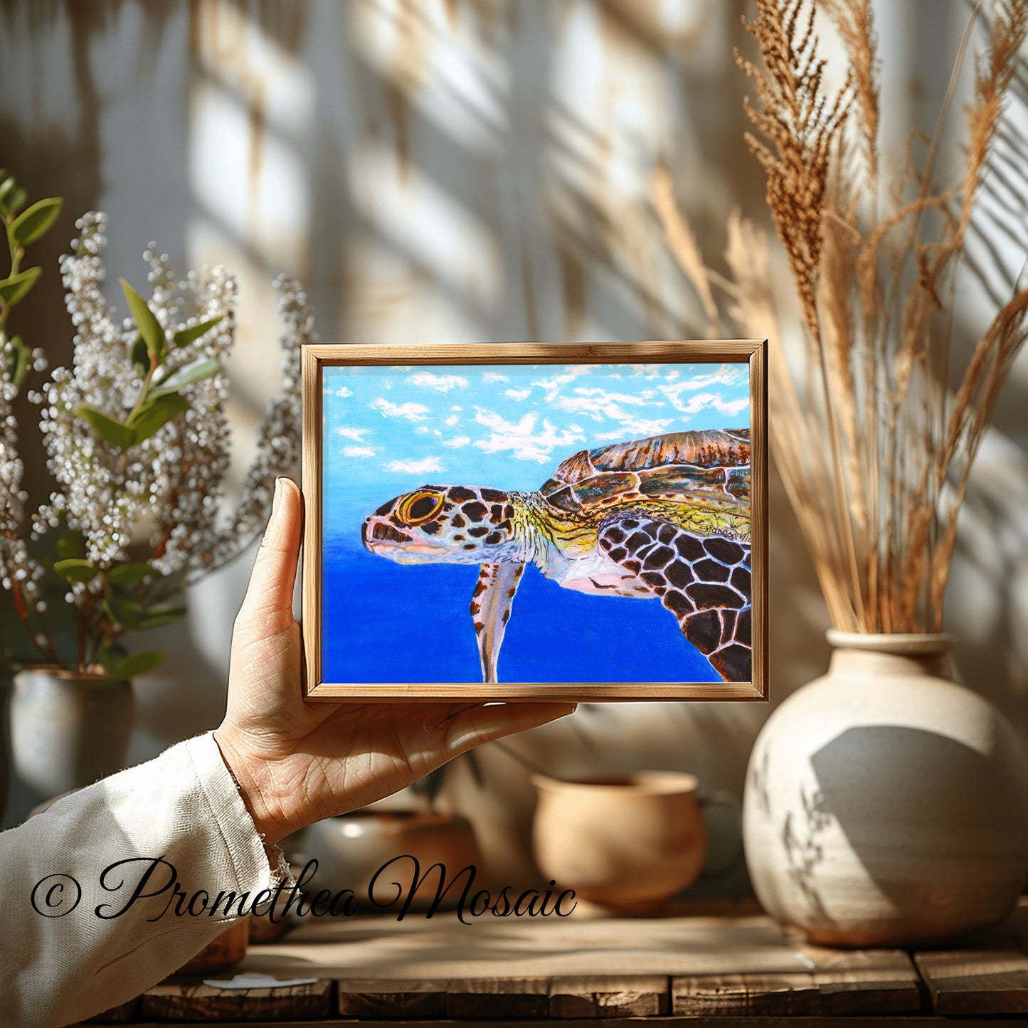 Eco friendly sea turtle art print styled with natural home decor accents, ocean theme wall art illustration in kitchen