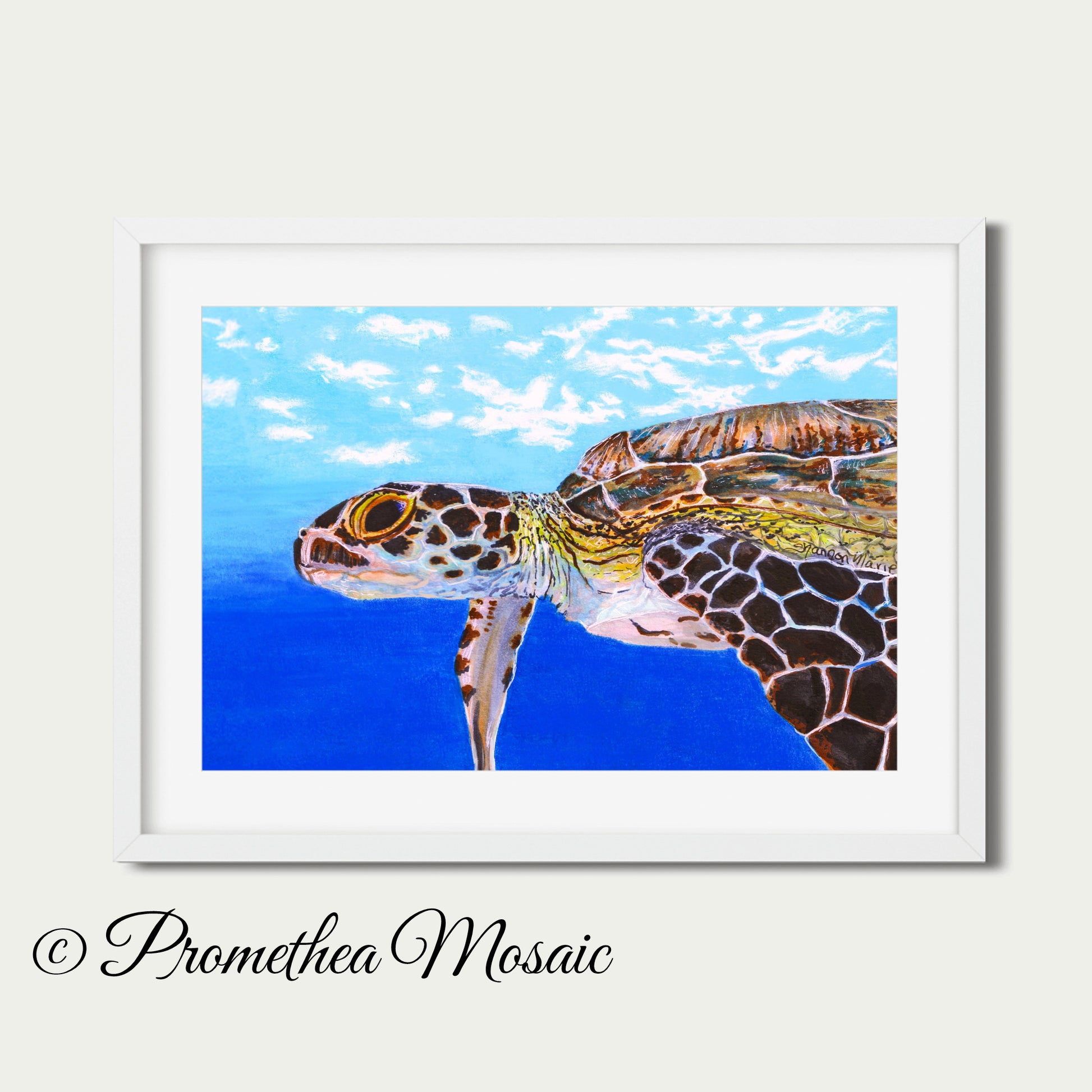 Framed artwork of a turtle with a blue gradient background, featuring clean beach resort feel.