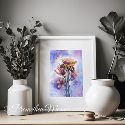 Matte, framed art print of a bee on a flower with decorative vases and plants on an office table.
