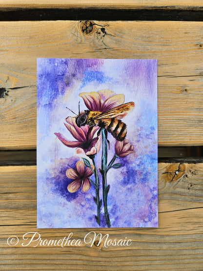 Eco-friendly matte art print of watercolor and digital art of a honeybee with flowers