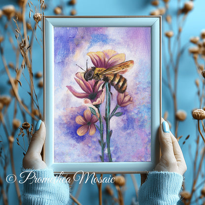 Framed art print of a honeybee on yellow and pink flowers. frame held by hands against a blue background with dried plants.
