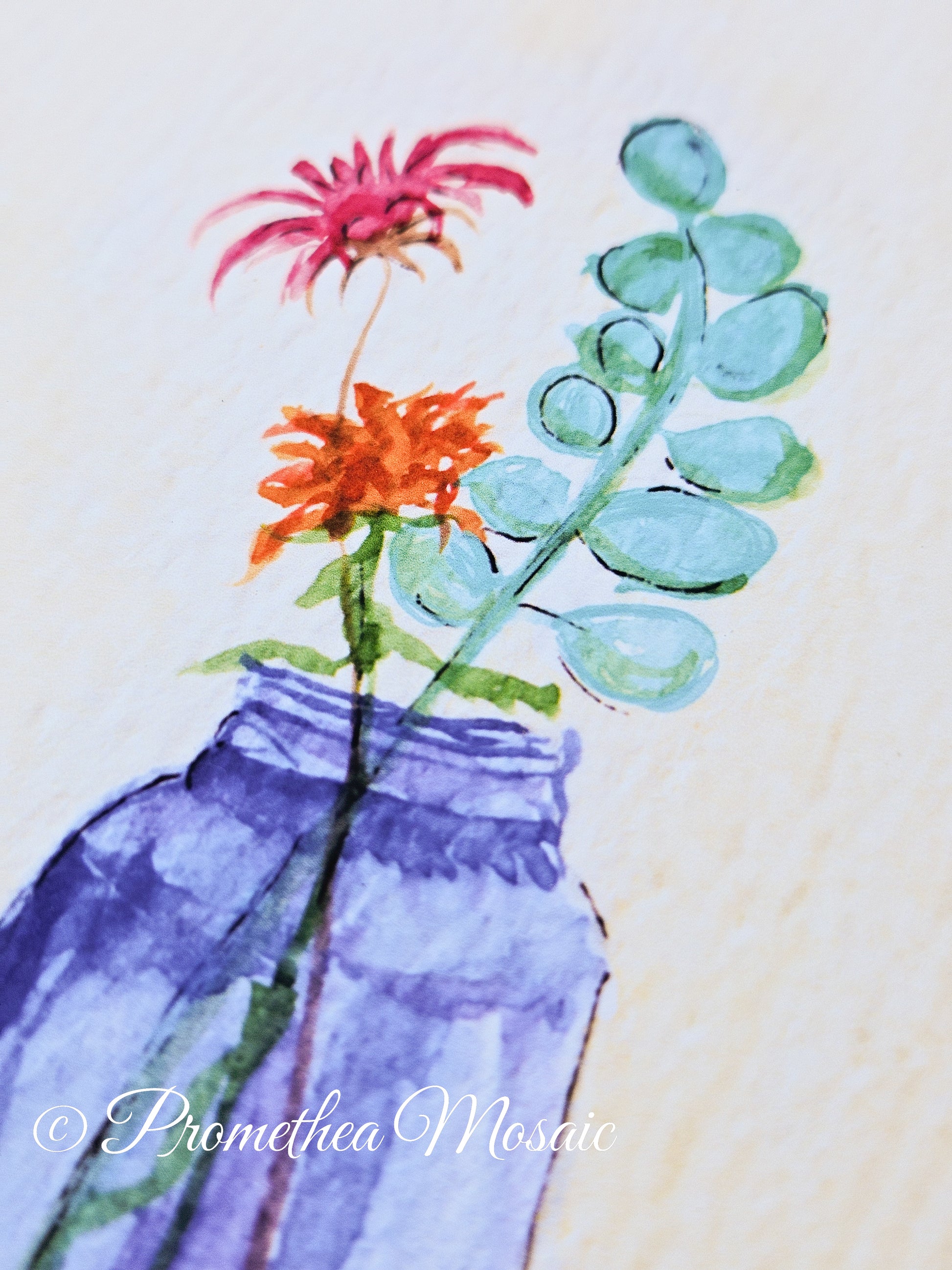 Close-up detail shot of Artistic depiction of flowers in a blue vase with 'Promethea Mosaic' branding.