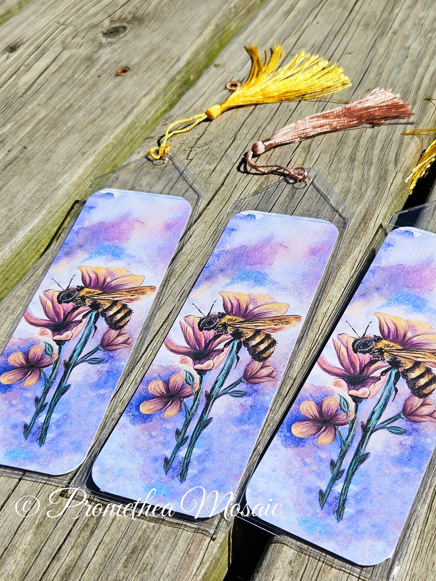 bookmarks with watercolor painting of bee and flowers with dreamy pastel background.