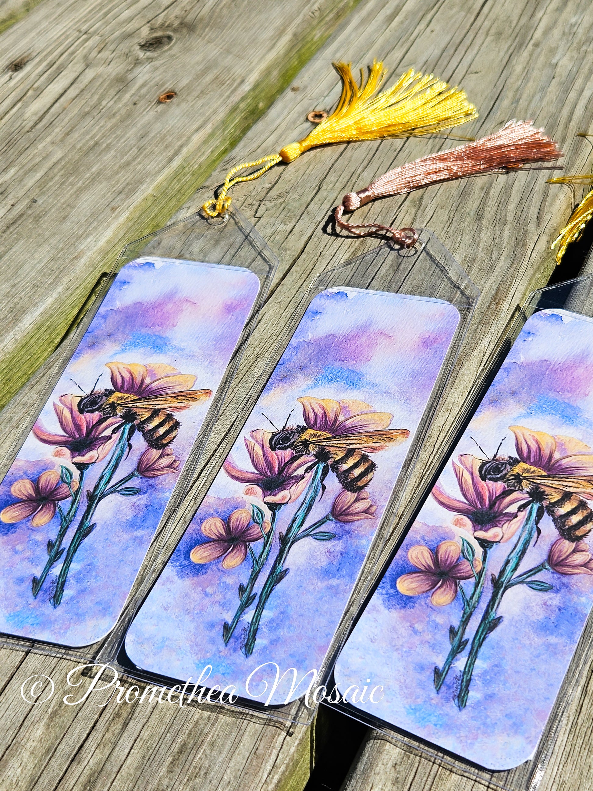 bookmarks with watercolor painting of bee and flowers with dreamy pastel background.