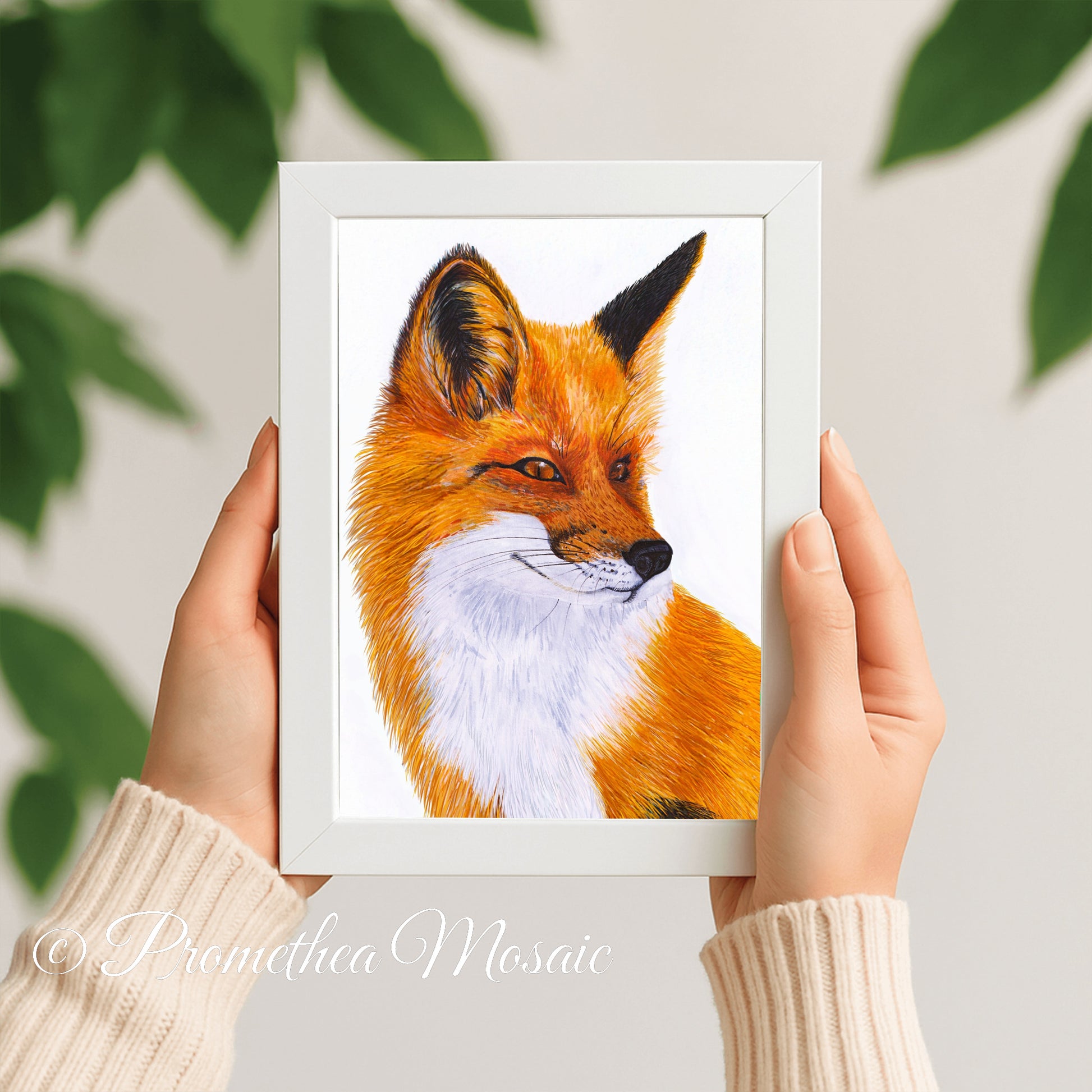 Framed artwork of a fox held by hands with a light background