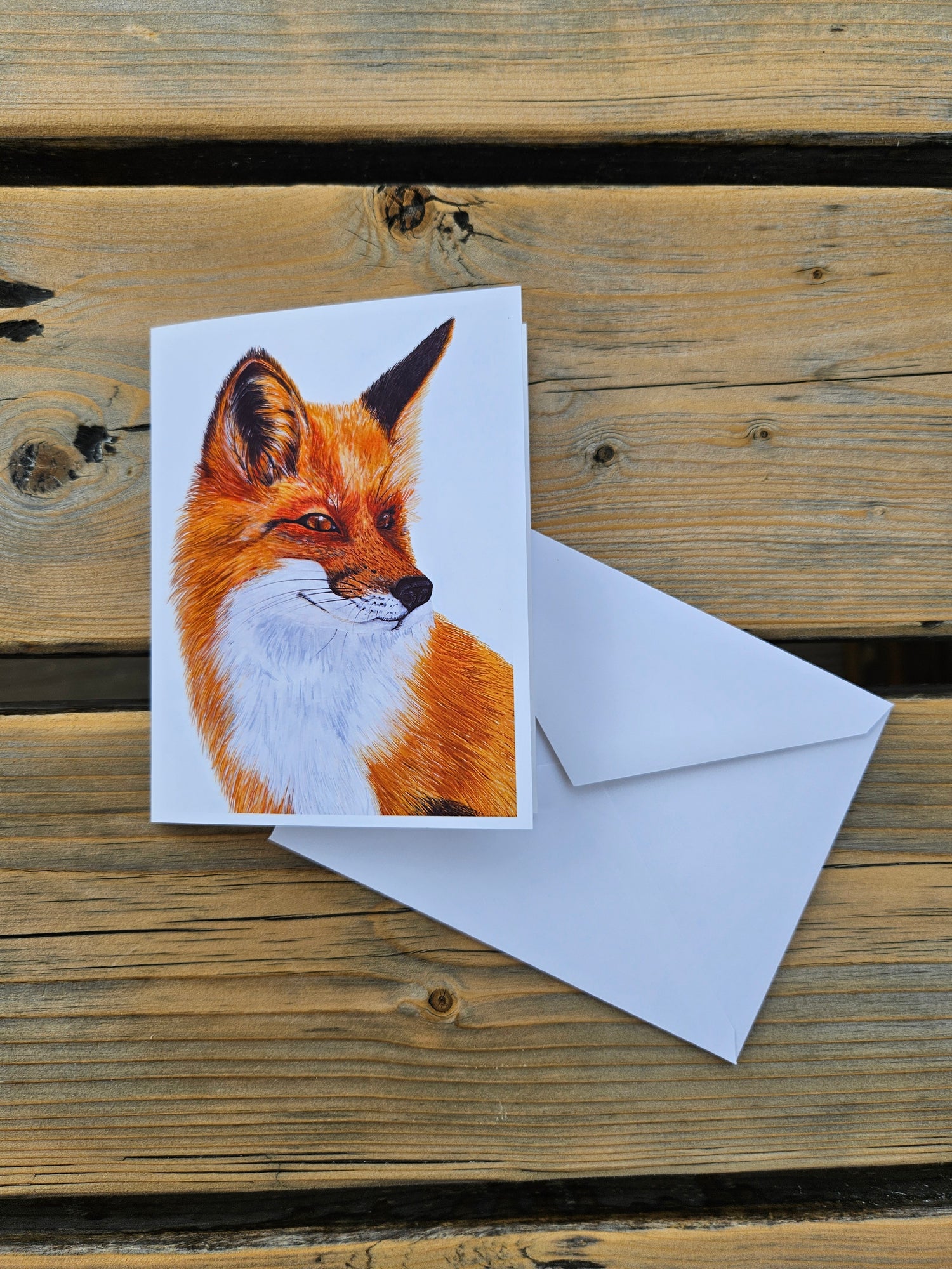 Bright orange woodland fox on blank greeting card with eco-friendly envelope.