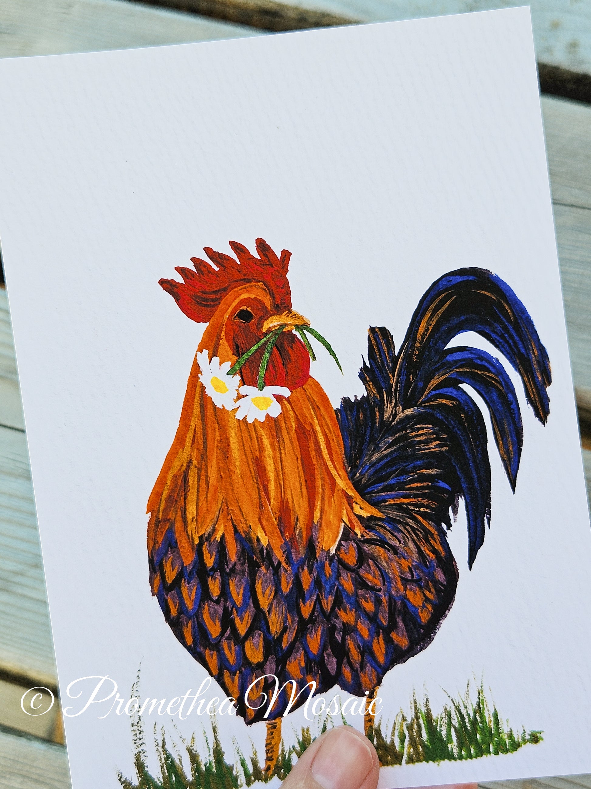 Colorful illustration of a rooster holding flowers on recyclable art print paper
