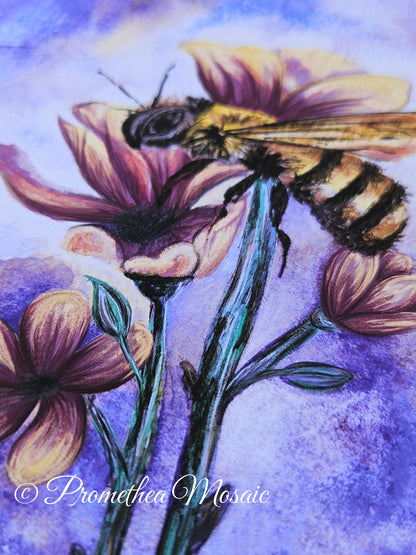 Art print of bee on natural yellow and pink flowers watercolor painting.