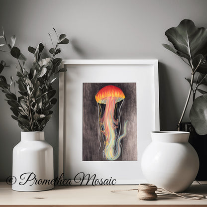 Framed jellyfish art print displayed on a shelf with white vases and plants, eco friendly ocean theme wall decor illustration.