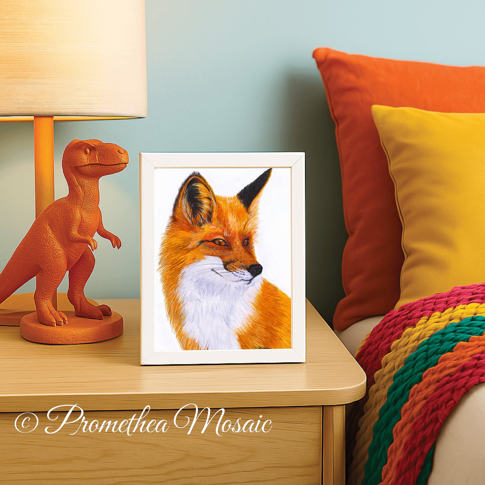 Framed picture of an orange fox on a table next to a dinosaur lamp and colorful pillows. Print has white background.