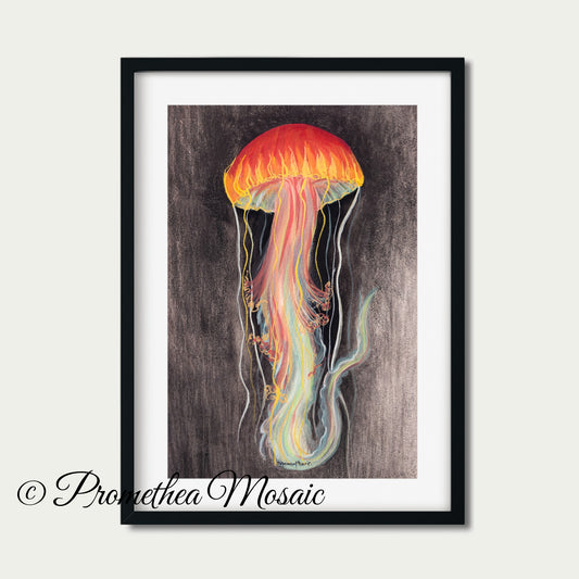 Framed artwork of a brightly colored jellyfish with black/grey background and 'Promethea Mosaic' branding.
