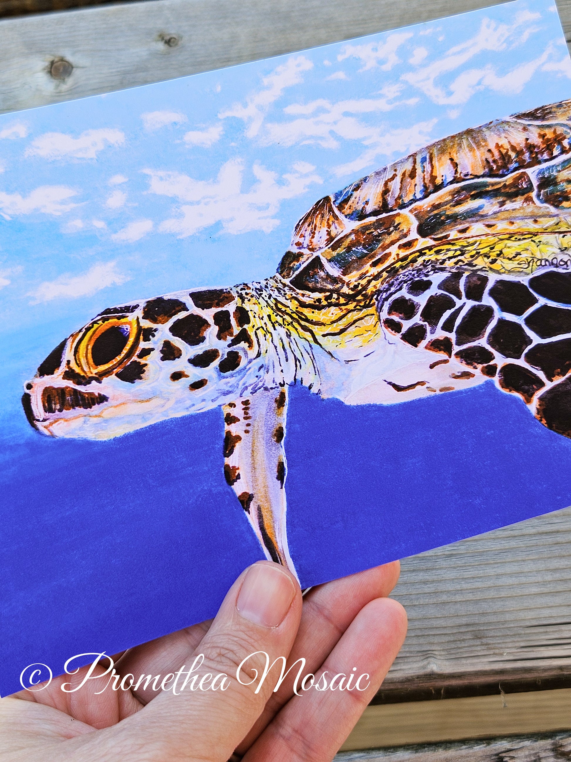 Hand holding underwater turtle art print with Promethea Mosaic branding