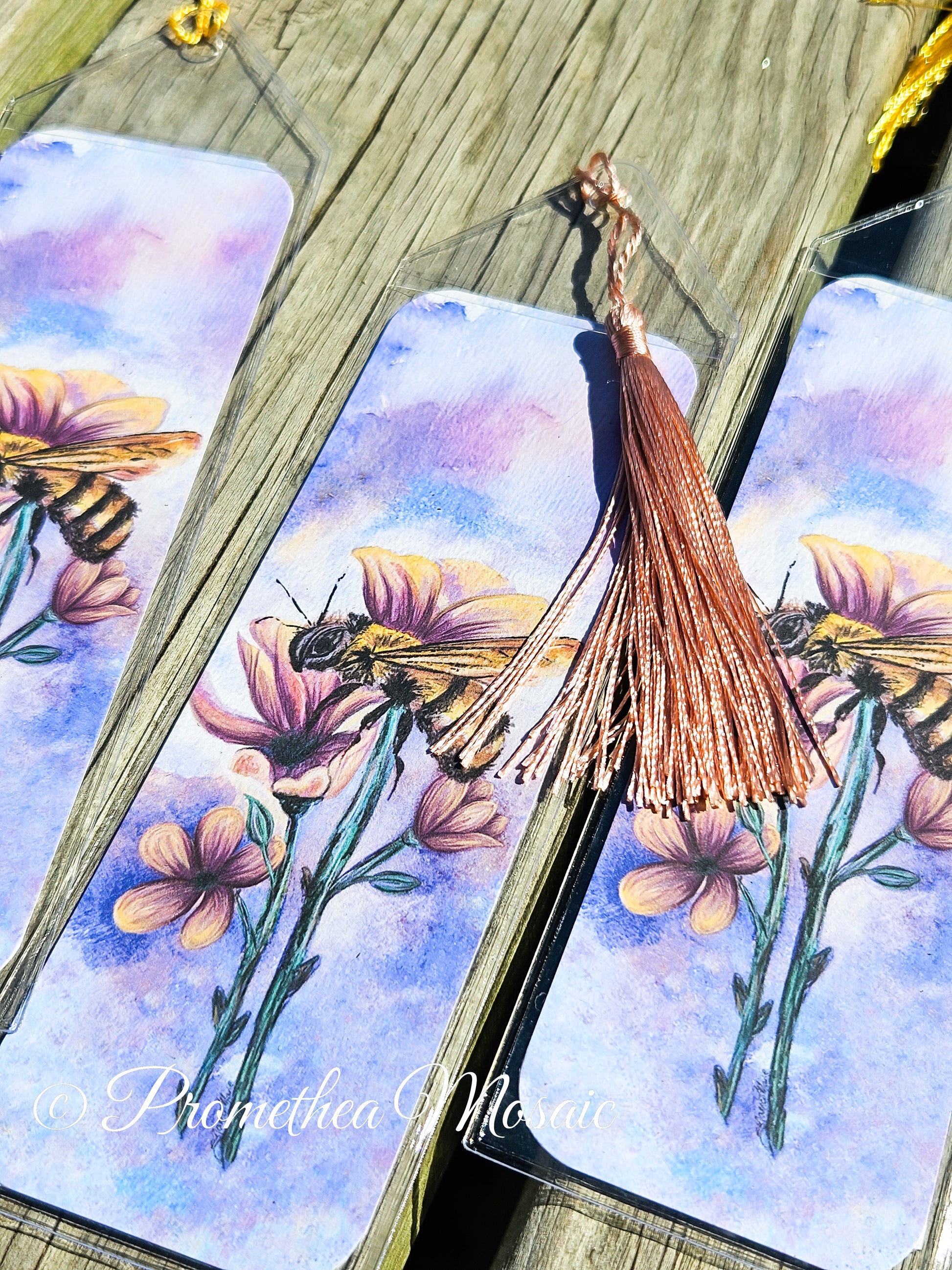 Watercolor honeybee bookmark in eco-friendly reusable sleeve and tassel