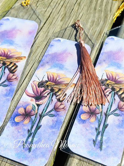 Watercolor honeybee bookmark in eco-friendly reusable sleeve and tassel
