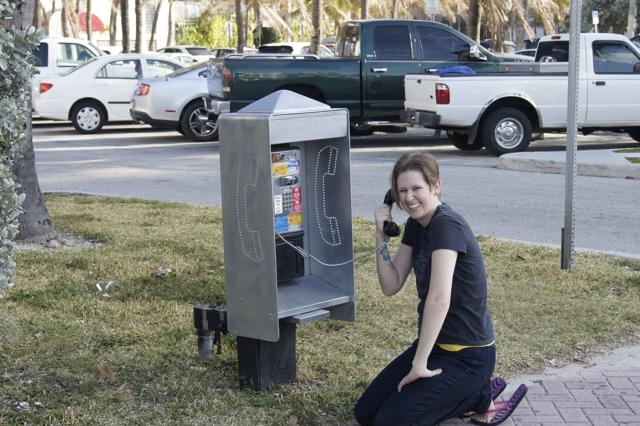 Shannon near a short phone booth
